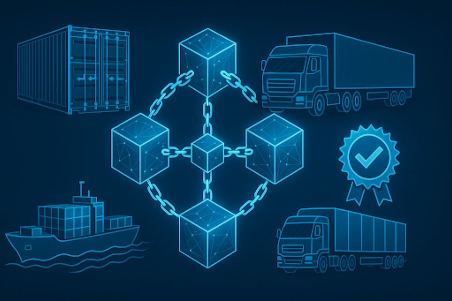 Blockchain network connecting logistics elements like trucks, warehouses, and documents