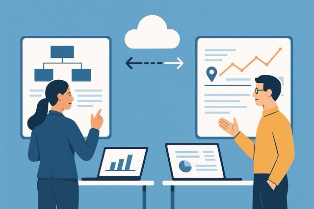 Supply chain professionals connecting data systems in real time.