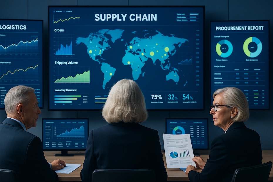 Senior executives reviewing logistics dashboards and procurement reports in a modern supply chain control room.