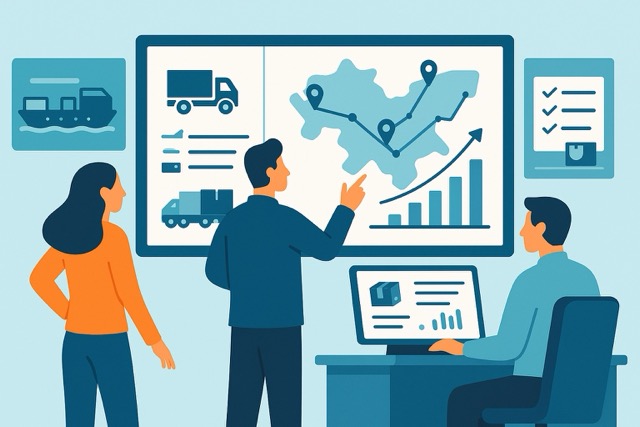 Supply chain professionals analyzing live logistics data in a control tower.